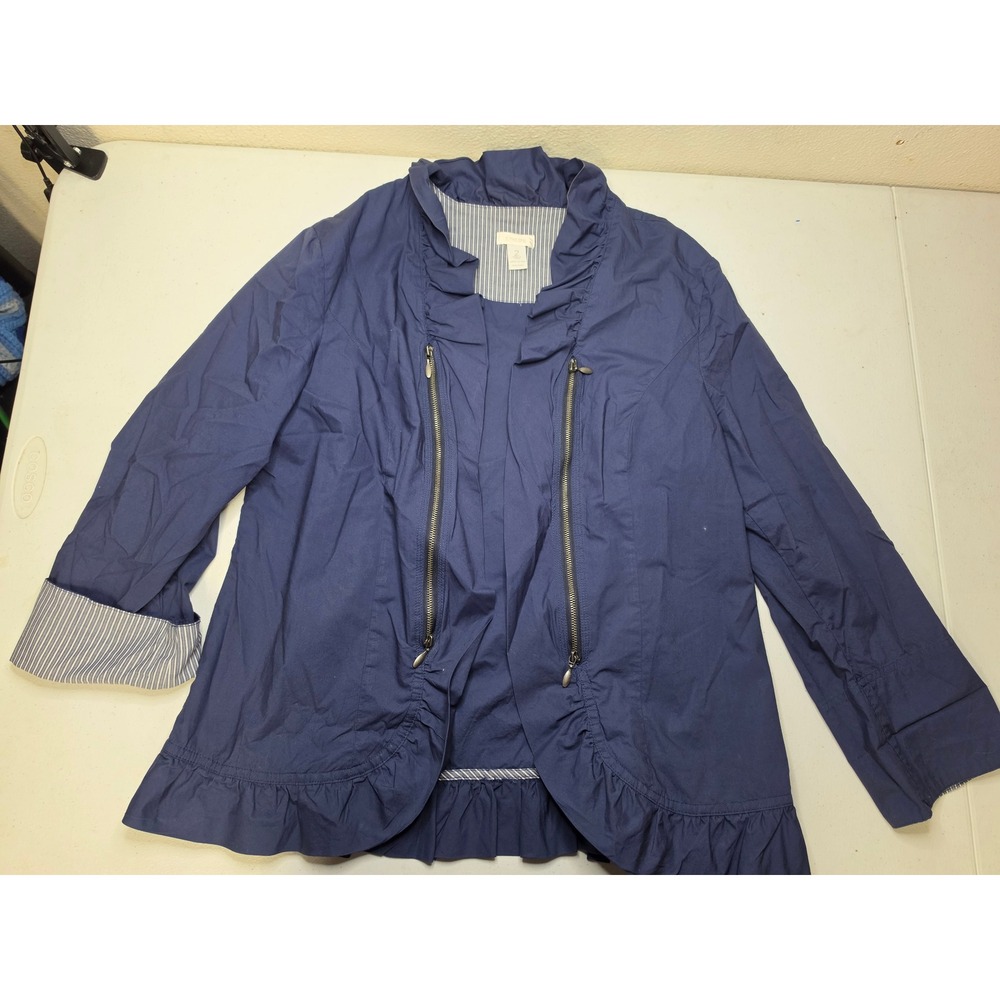 Chicos Navy Blue Cotton Ruffle Trim Double Zipper Jacket Size 2 Large Pinstripe